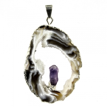 Achatgeode mit Amethystkristall versilbert / #001