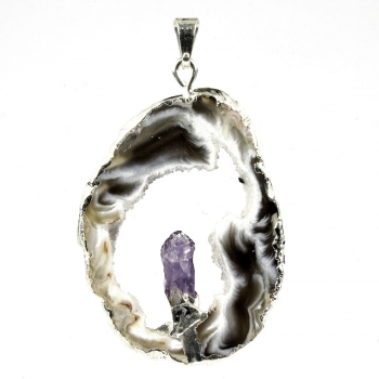 Achatgeode mit Amethystkristall versilbert / #001