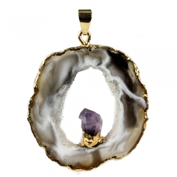 Achatgeode mit Amethystkristall vergoldet / #005