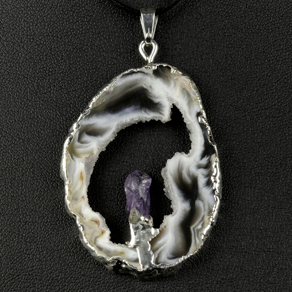 Achatgeode mit Amethystkristall versilbert / #001