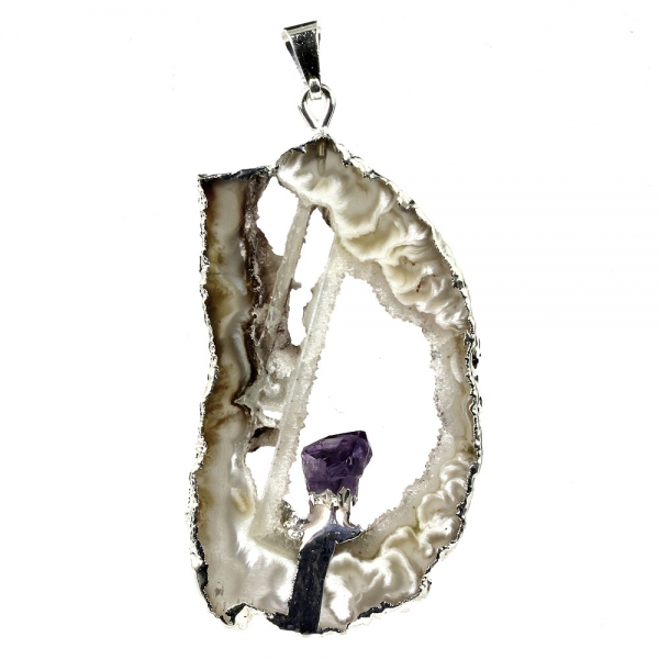 Achatgeode mit Amethystkristall versilbert / #004