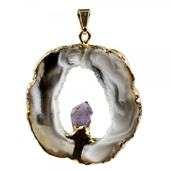 Achatgeode mit Amethystkristall vergoldet / #005