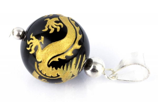 Anhänger mit Drachengravur 925 Sterling Silber Onyx